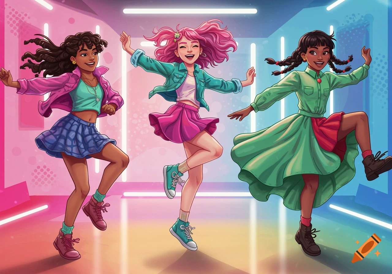 Three animated girls with diverse appearances dance joyfully in a vibrant, neon-lit room.