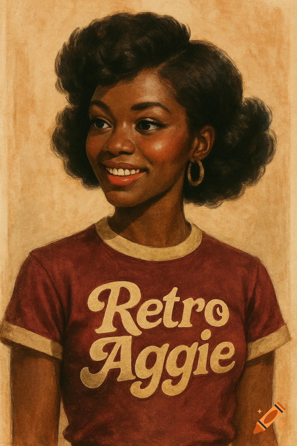 Smiling Black woman in a vintage-style portrait, wearing a maroon t-shirt that reads 'Retro Aggie'.