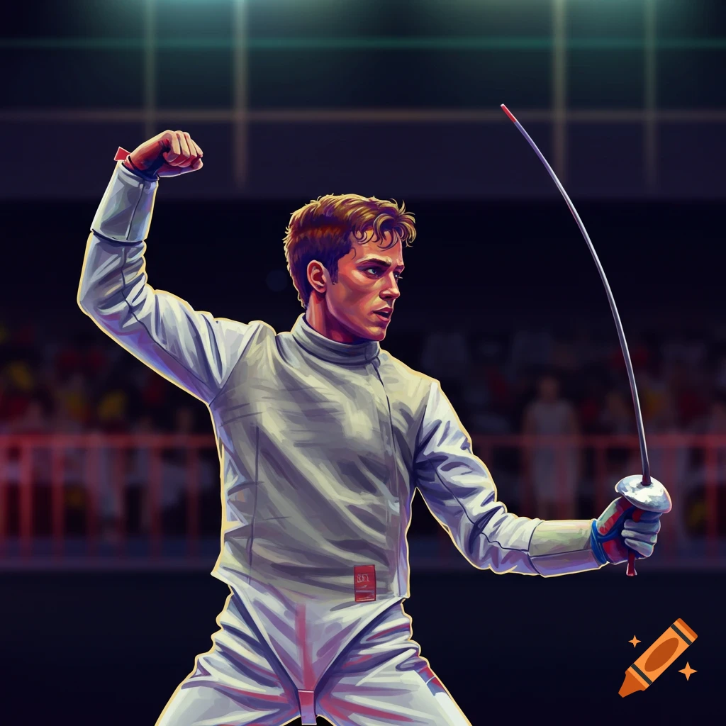 An athletic fencer in a white uniform poses with one arm raised in celebration and the other holding a foil, depicted in a vibrant illustration style.