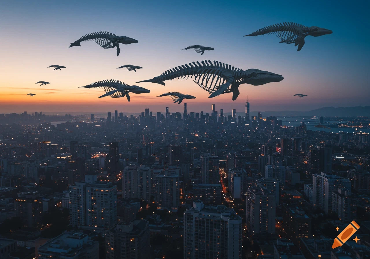 Photorealistic image of multiple large skeleton whales flying above a sprawling city at sunset.