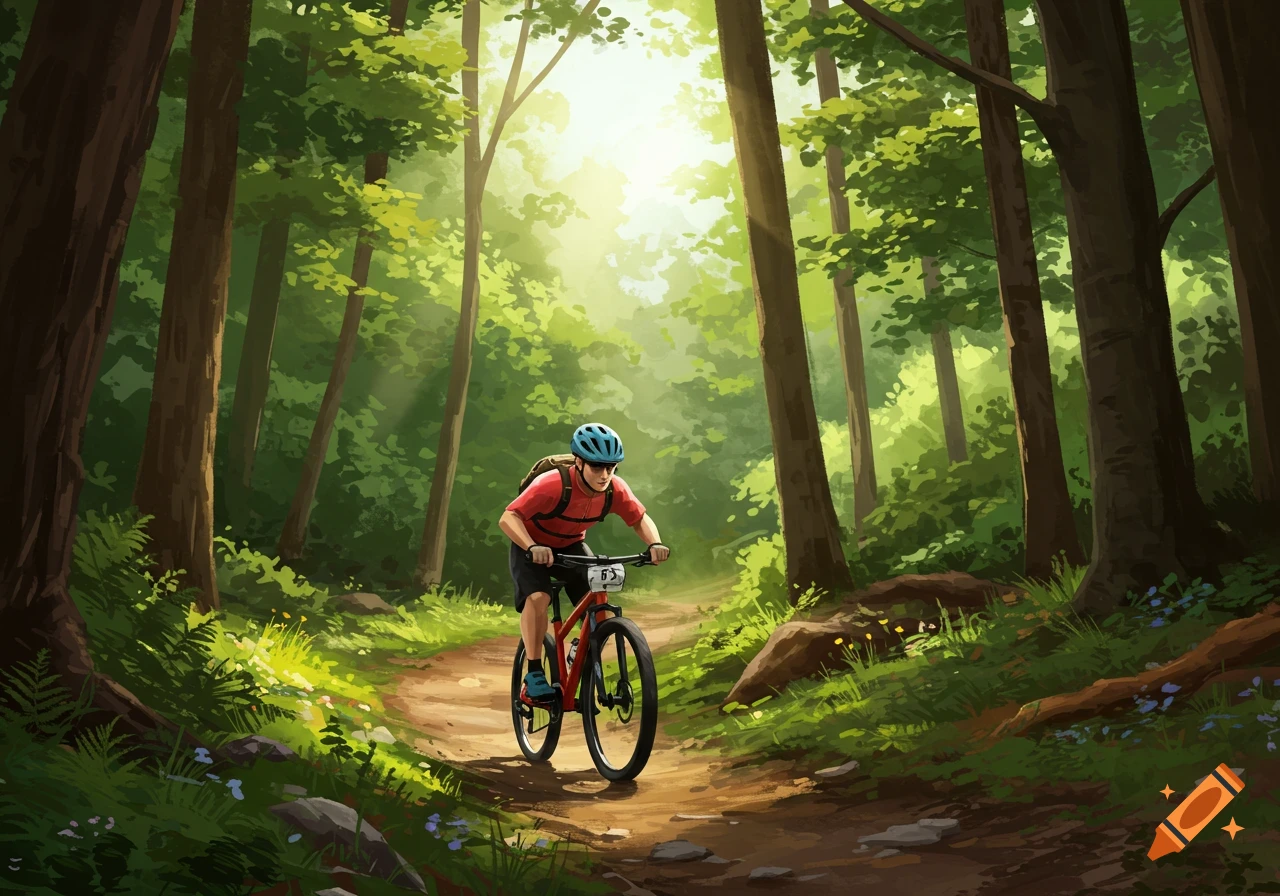 A person wearing a red shirt and blue helmet rides a mountain bike on a dirt trail through a lush green forest with sun rays.