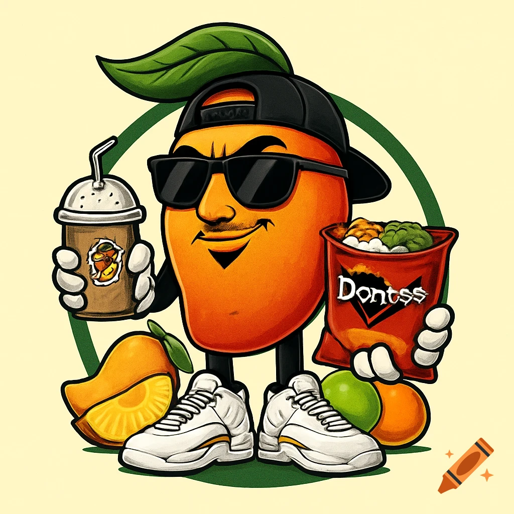 A cartoon mango mascot wearing sunglasses and a backward cap, holding a milkshake and a red snack bag, standing with fruits and sneakers.