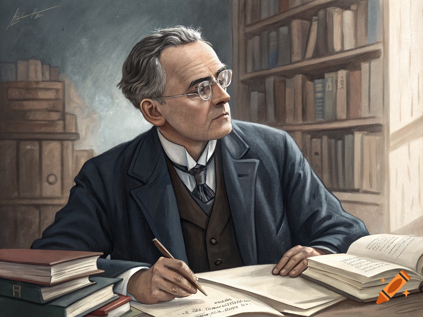 An old man with glasses and gray hair sits at a desk in a library, writing with a pen on paper.