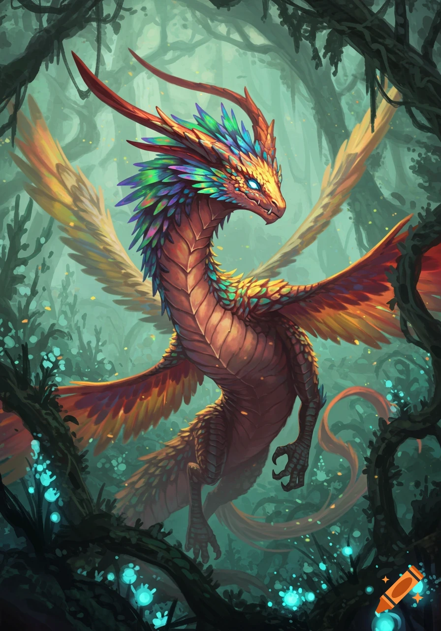 Vibrant, multicolored dragon with feathered wings flying through a mystical, lush green forest with glowing blue plants.