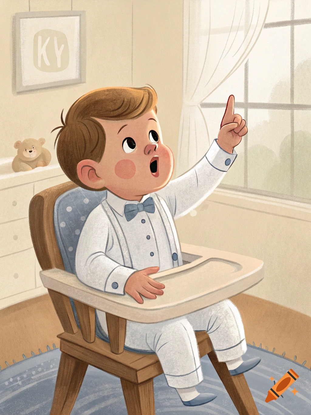 An illustration of a baby boy in a white suit and bow tie sitting in a high chair, pointing upward, with a teddy bear and window in the background.