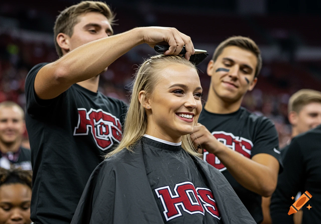 A smiling blonde woman in a barber's cape gets her head shaved by two male teammates in black t-shirts with a red and white logo, at what appears to be a college pep rally.