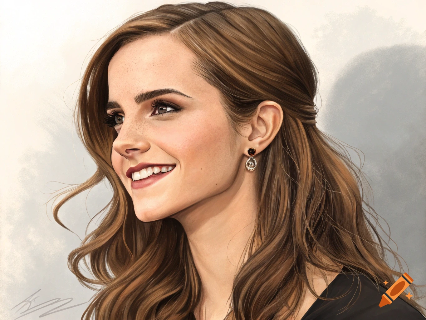 Digital painting of Emma Watson smiling, looking left, with flowing brown hair and freckles.