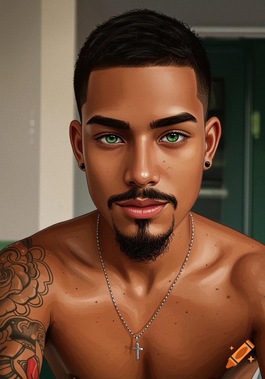 Stylized portrait of a handsome young man with dark skin, green eyes, a goatee, mustache, and arm tattoos, wearing a cross necklace.