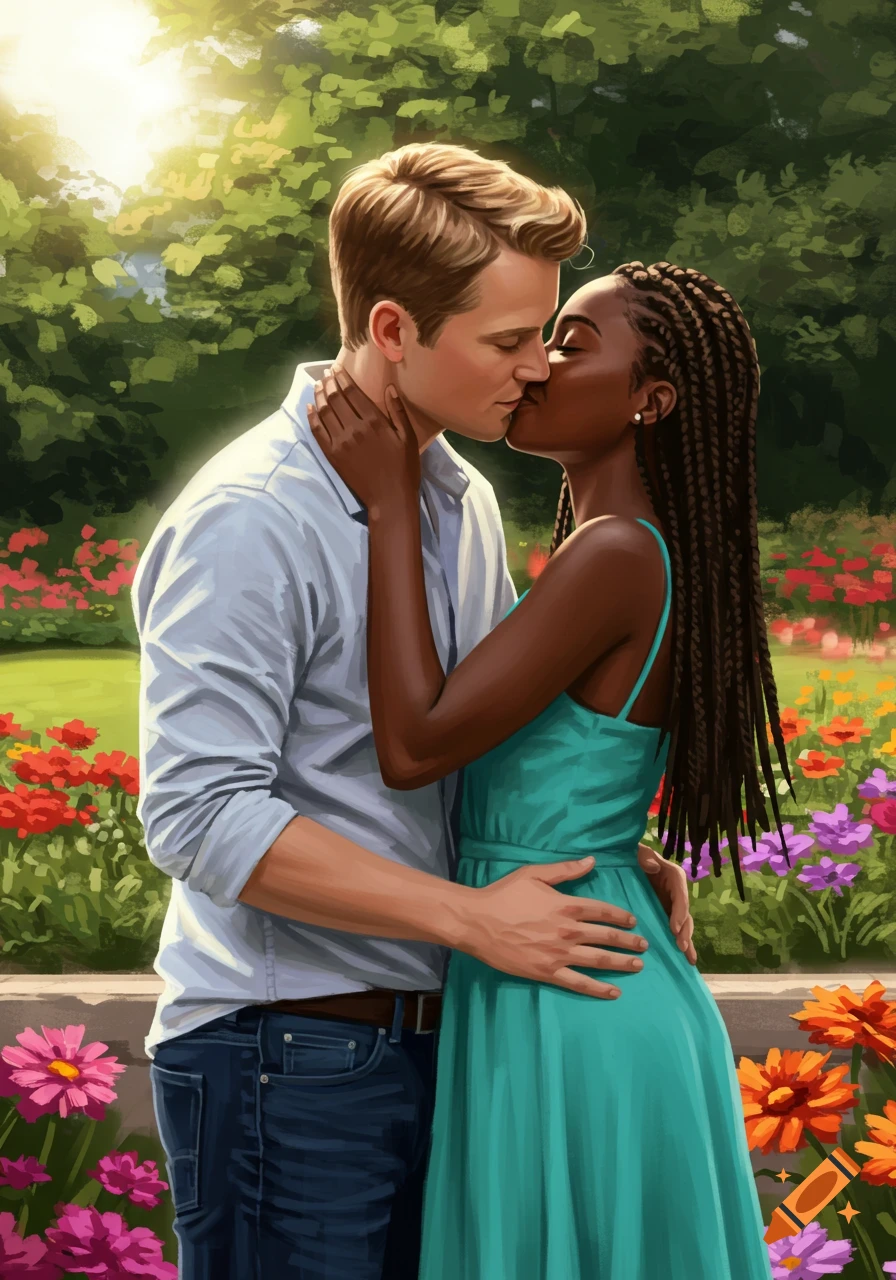 An illustrative image of a white man and a Black woman kissing in a sunny garden filled with colorful flowers.