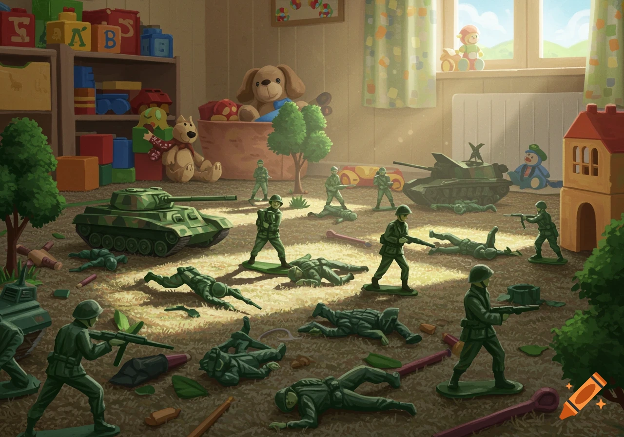 Green plastic toy soldiers and tanks are scattered across the floor of a sunlit playroom, with some soldiers fallen. Shelves of colorful blocks and stuffed animals are in the background.