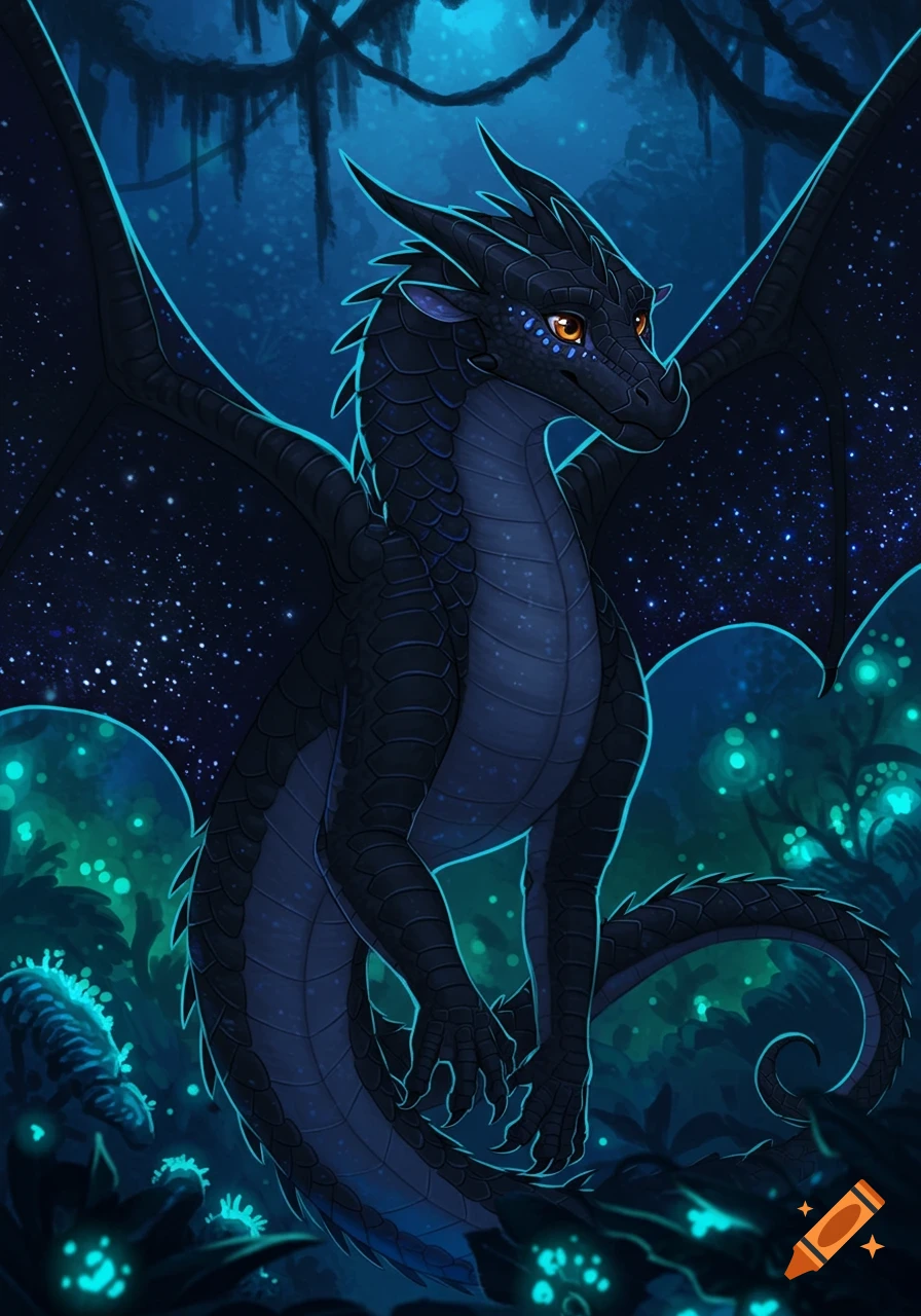 A stylized illustration of a dark blue and black dragon with starry wings and orange eyes in a glowing, bioluminescent jungle.
