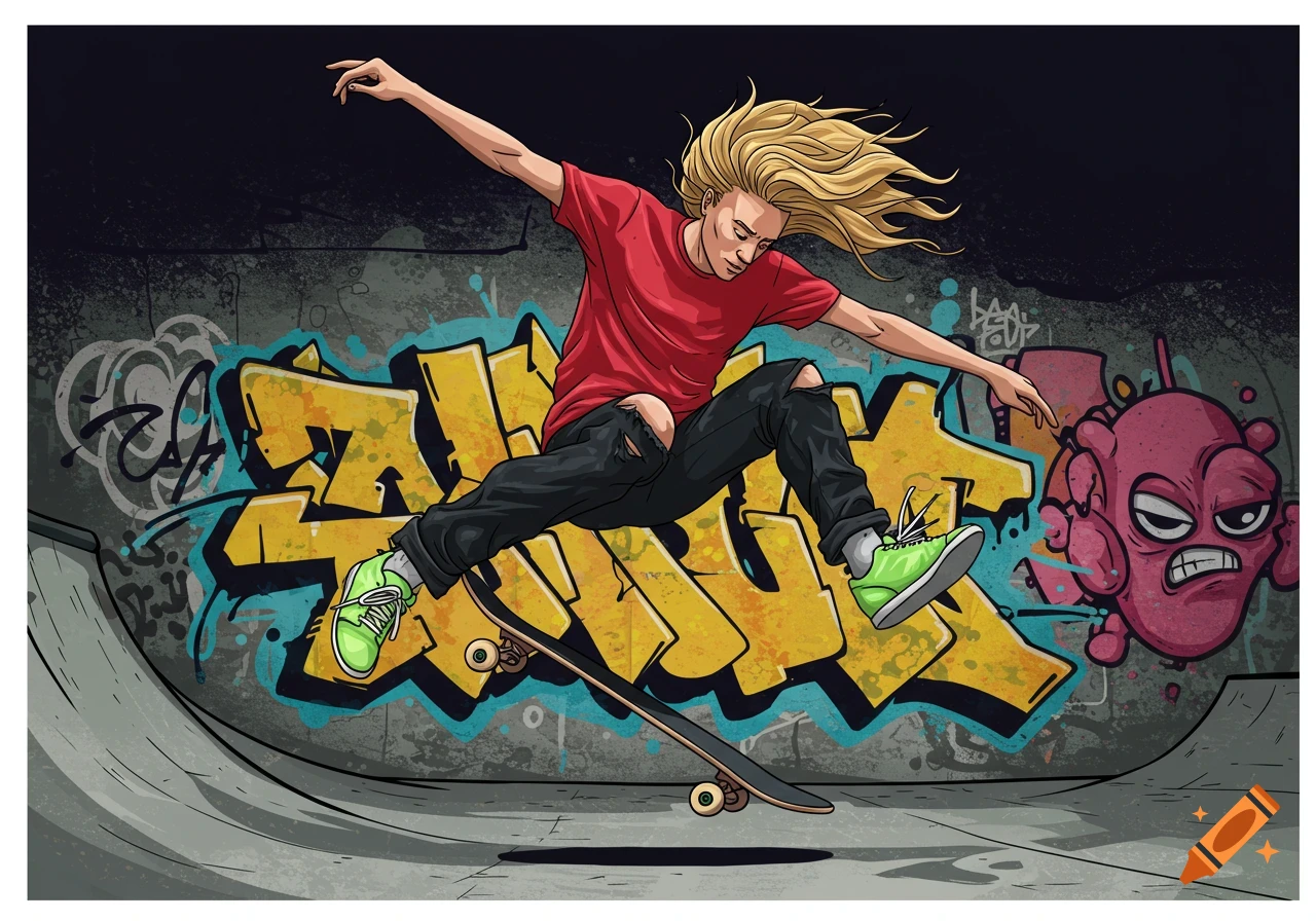 Illustrated image of a blonde skateboarder in a red shirt jumping with their board over yellow graffiti on a concrete skatepark wall.