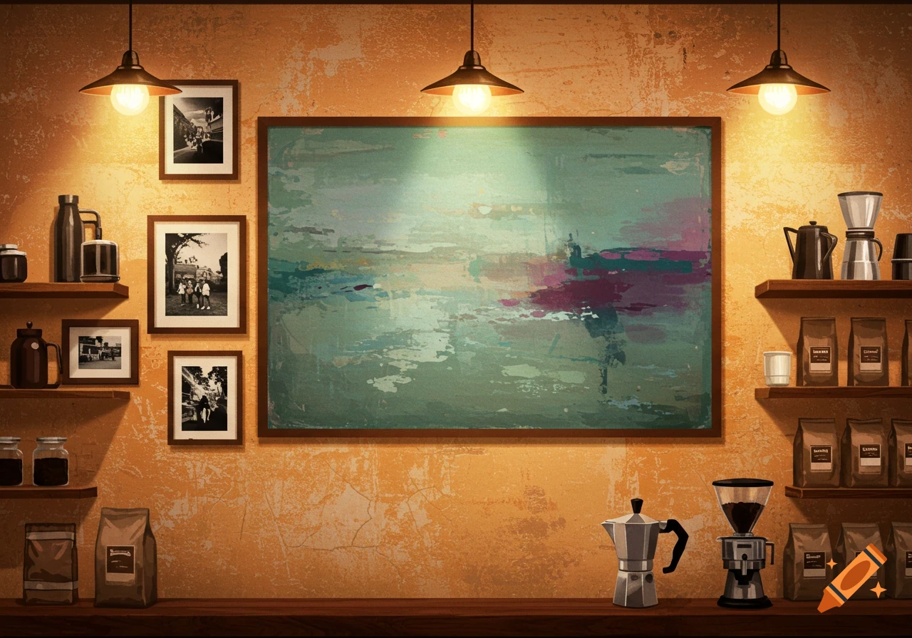 A warm-toned coffee shop wall with illuminated pendant lights, shelves holding coffee bags and pots, and framed black and white photos.