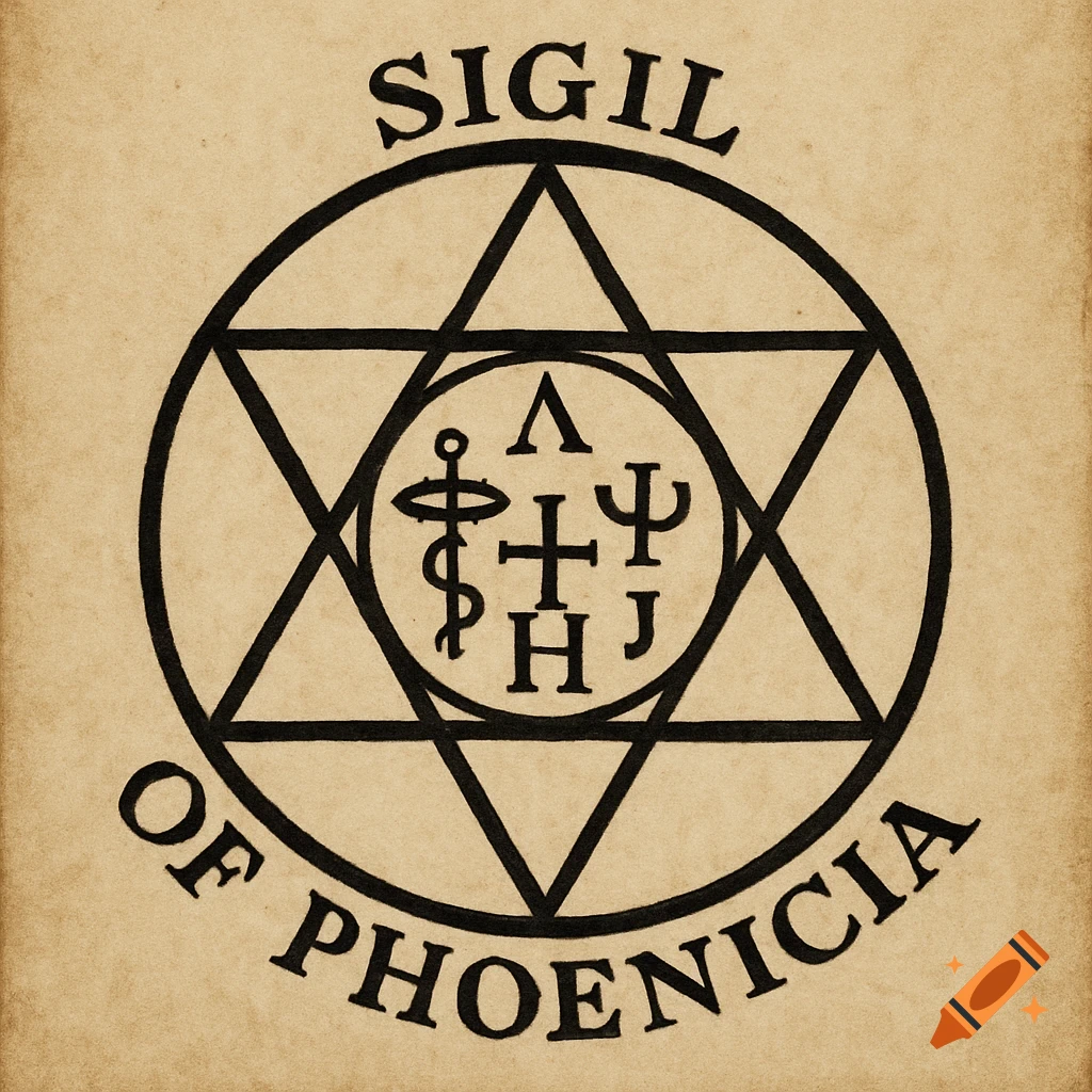A black sigil featuring a hexagram, circle, and inner symbols with text 'SIGIL OF PHOENICIA' on a textured, aged paper background.