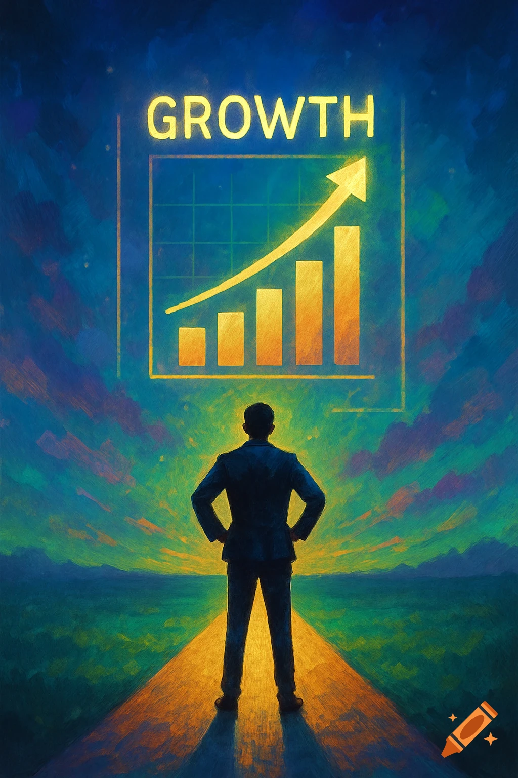 Rear view of a person in a suit standing on a glowing path, looking at a large, glowing bar chart labeled 'GROWTH' against a vibrant sky.