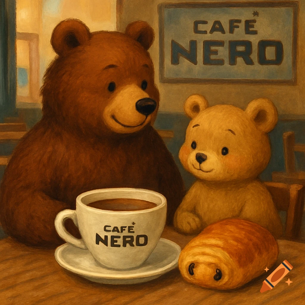 An illustrated image of a large brown bear and a small golden bear sitting at a cafe table with a coffee cup and a pain au chocolat.