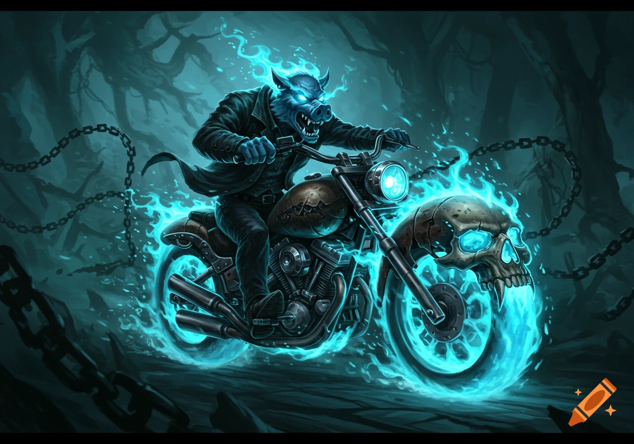 A blue, hog-like monster rides a flaming motorcycle with a skull front wheel and chains in a dark, eerie forest, in a stylized fantasy art style.