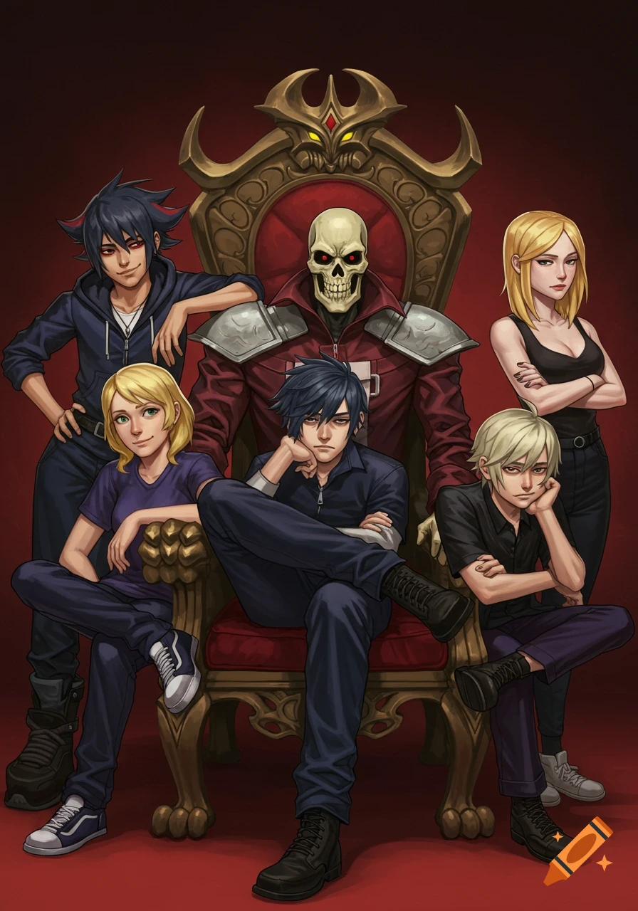 An anime-style group portrait of a skeleton on a throne surrounded by six young characters on a red background.