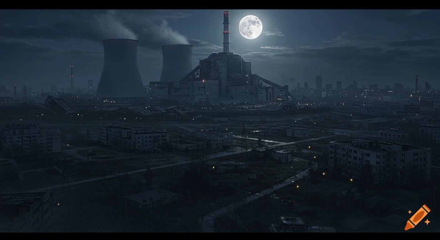 Hyperrealistic aerial view of an abandoned city at midnight with a large, broken nuclear power plant under a full moon.
