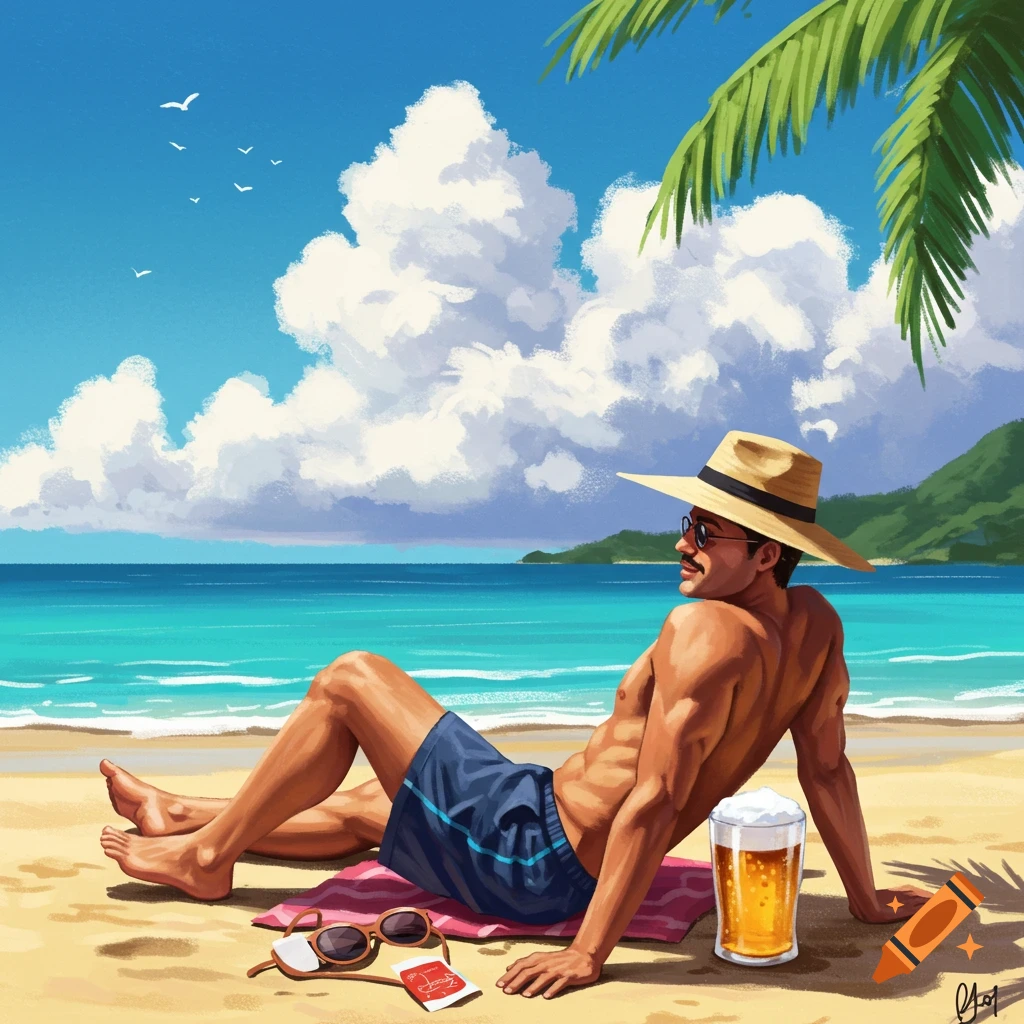 Painted scene of a man in a hat and swim trunks relaxing on a sandy beach with a beer.