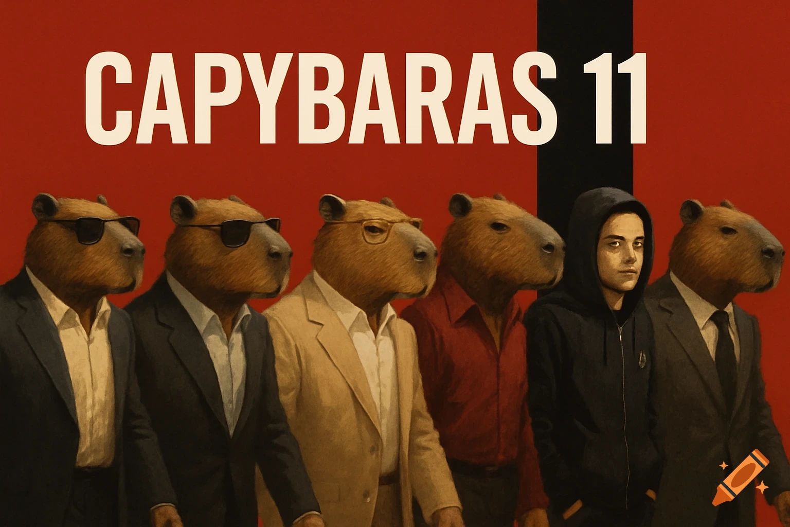A movie poster with five capybara-headed figures and one human in suits, titled 'CAPYBARAS 11'.