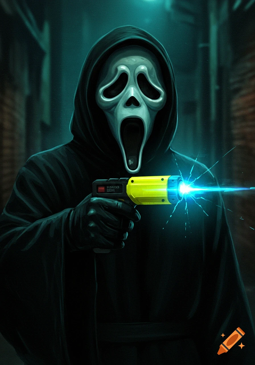 A stylized digital painting of Ghostface in a dark alley, holding a bright yellow taser firing a blue electrical arc.