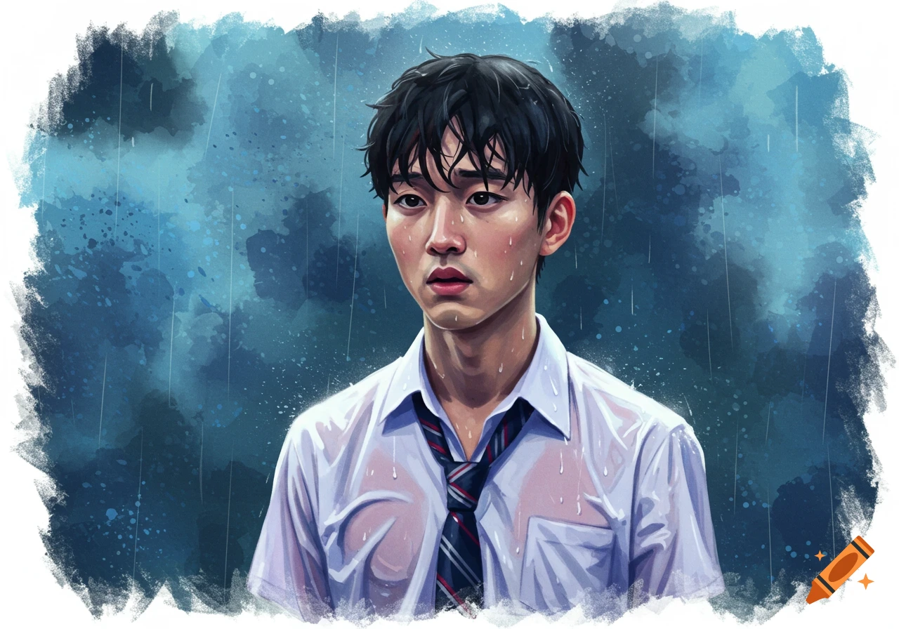 Illustration of a young man with dark hair in a wet white shirt and striped tie, looking sad in the rain.