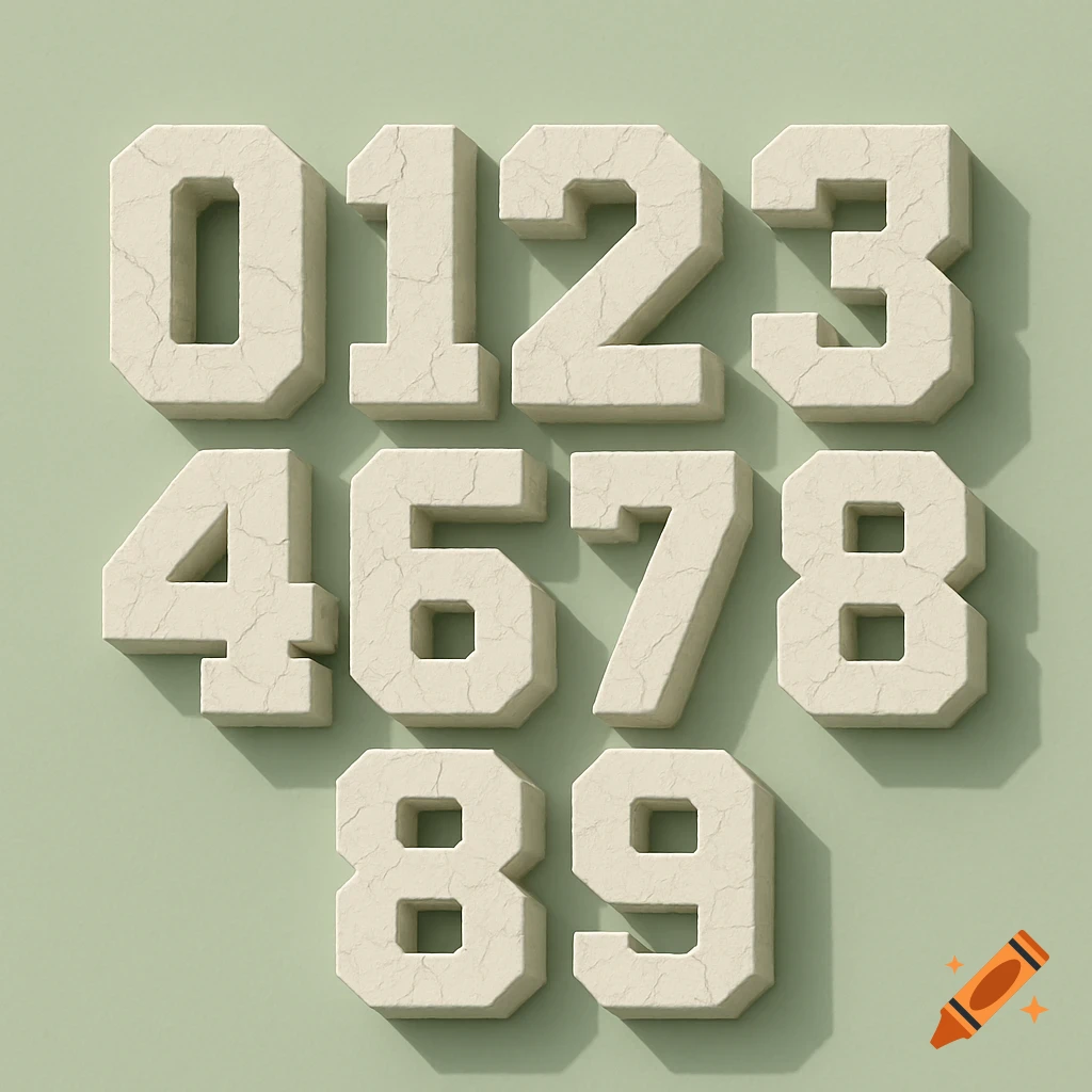 3D textured numbers 0 through 9 in a blocky font with thin cracks, casting shadows on a light green background.