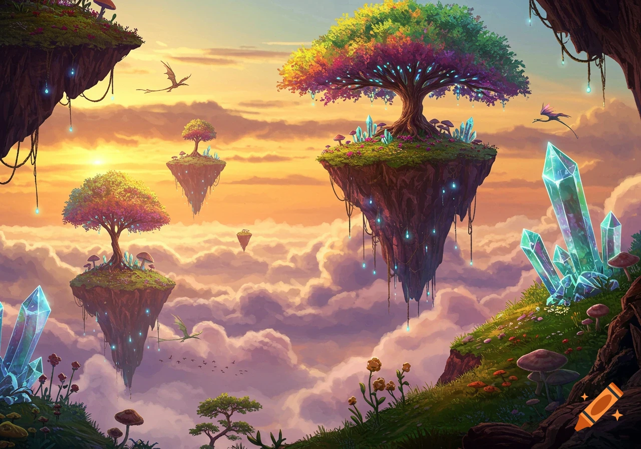 A vibrant, surreal fantasy landscape at sunset with floating islands, colorful trees, glowing crystals, and dragons flying among clouds.