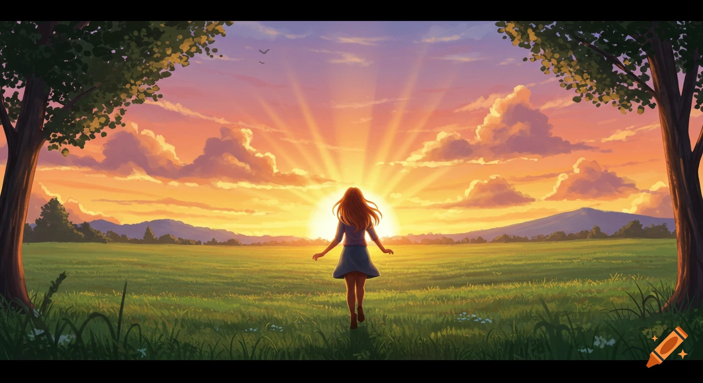 A stylized illustration of a person with long hair walking through a green field towards a bright sunrise over mountains.