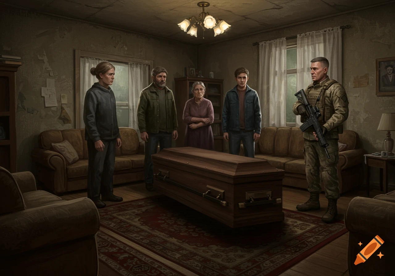 A soldier and several civilians stand around a coffin in a dimly lit, worn living room, looking somber.