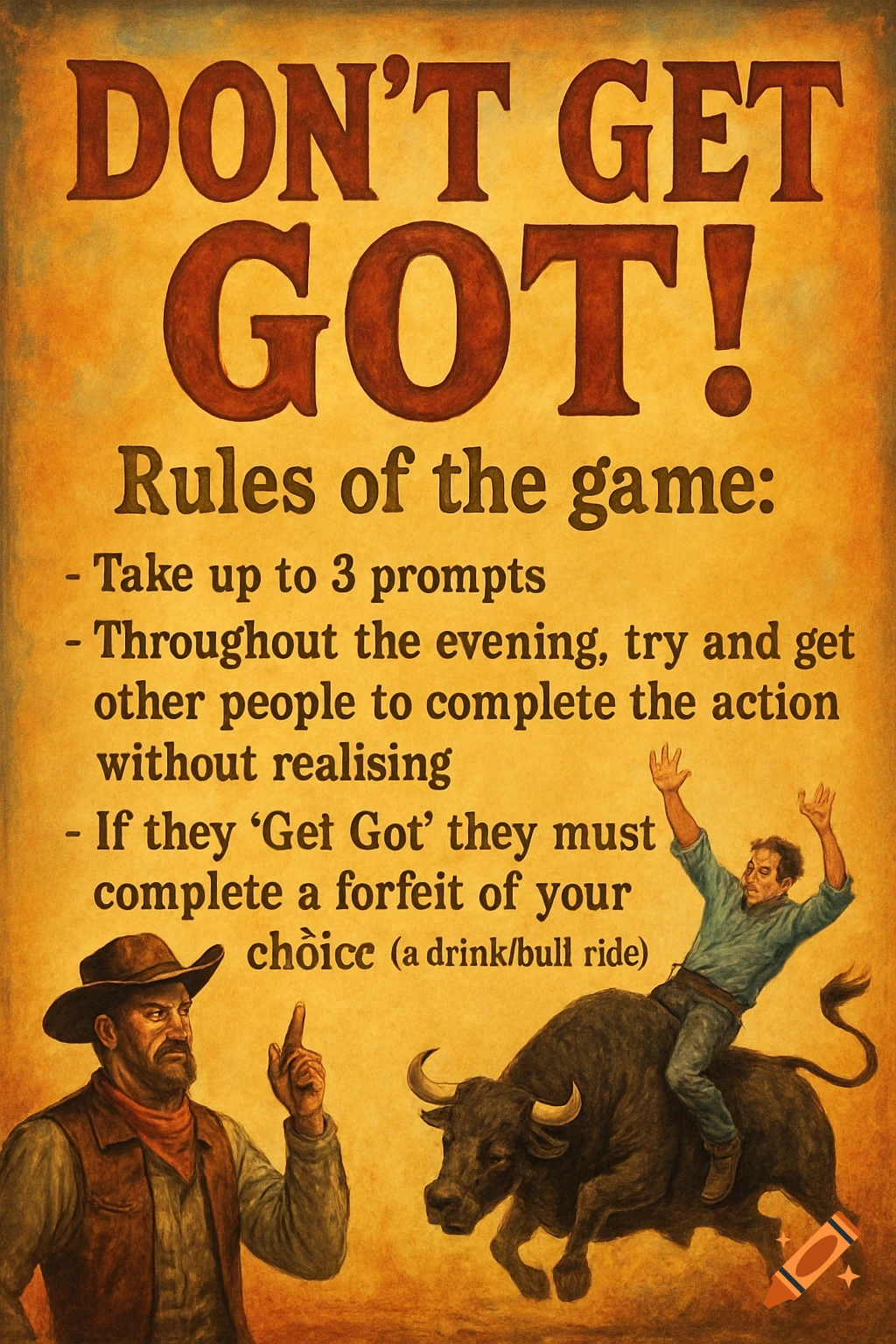 A vintage-style poster for a game titled "DON'T GET GOT!". It features a cowboy pointing and a man riding a bull, with game rules listed below.
