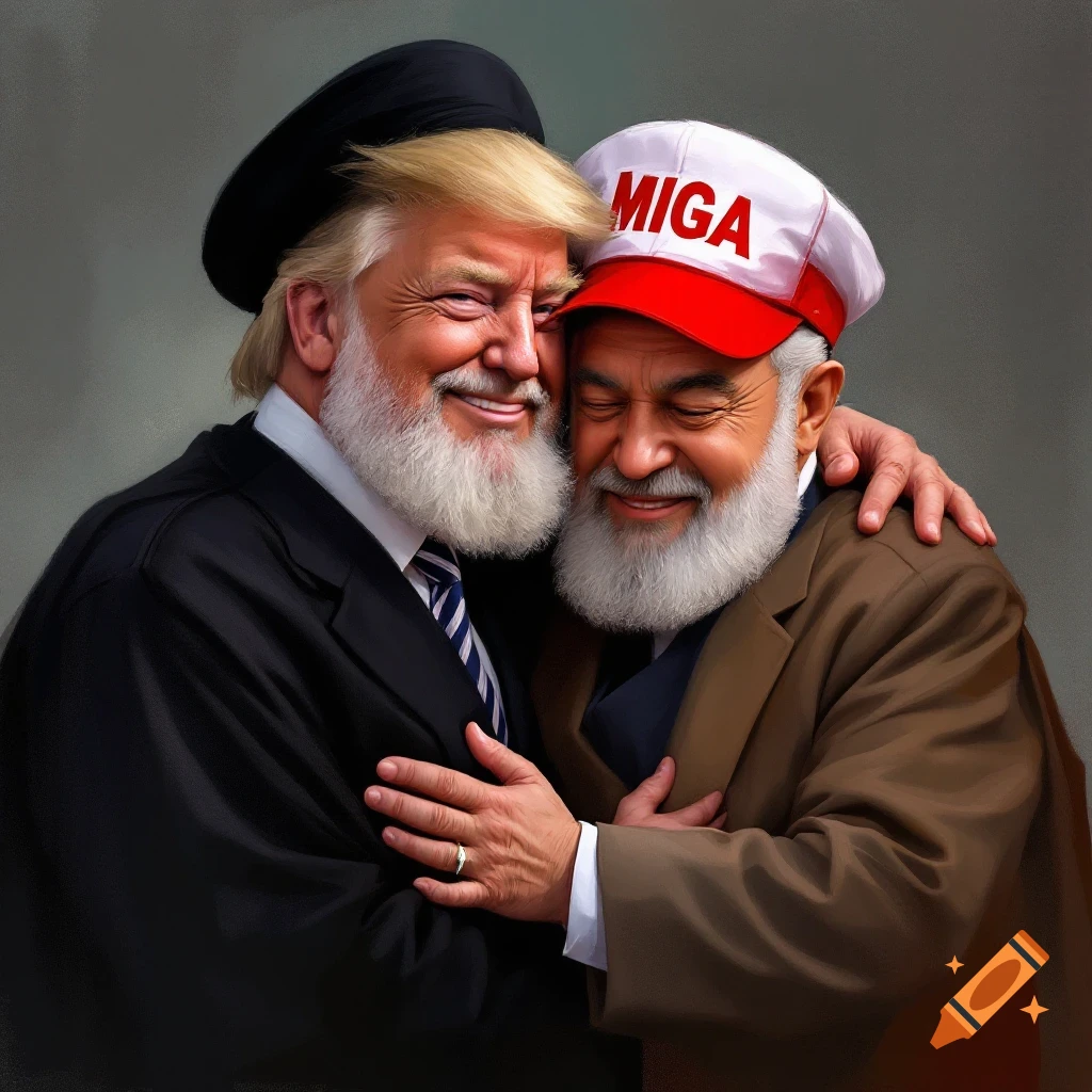 An illustration of Donald Trump with a beard and a black hat hugging a bearded Ayatollah Ali Khamenei wearing a white "MIGA" cap, both smiling.