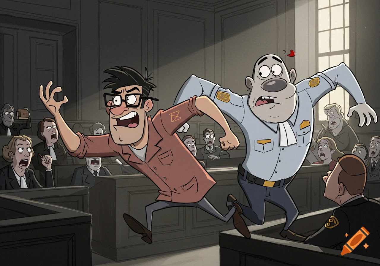 A cartoon man in an orange uniform runs from a police officer through a courtroom, as onlookers react in surprise.