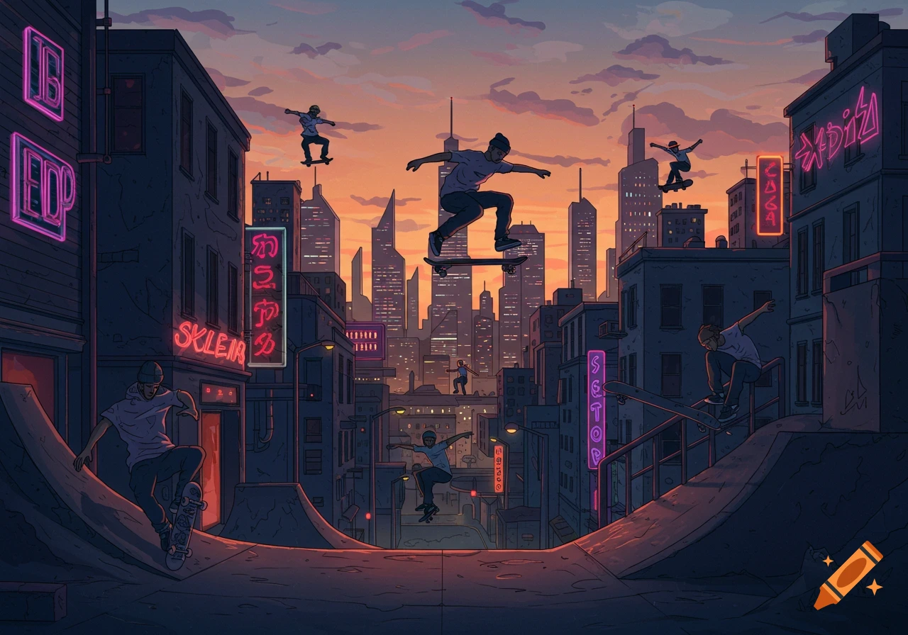 Stylized illustration of skateboarders performing tricks in a city alley at sunset, with neon signs on buildings.