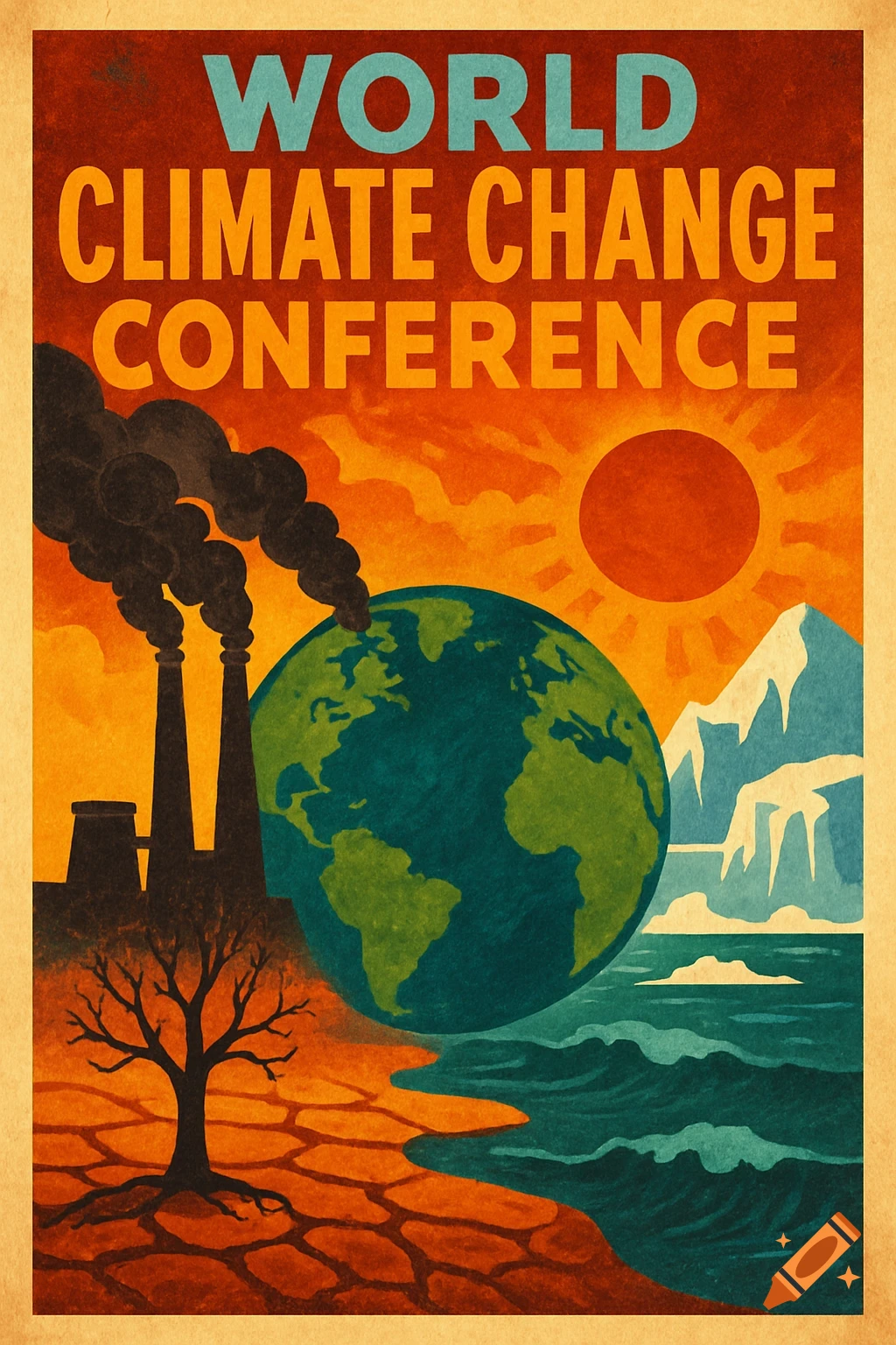 A vintage-style poster depicting industrial smokestacks polluting the air above a dry, cracked earth with a bare tree. In the background, a large globe, melting icebergs in the ocean, and a bright red sun are visible. The text reads 'WORLD CLIMATE CHANGE CONFERENCE'.