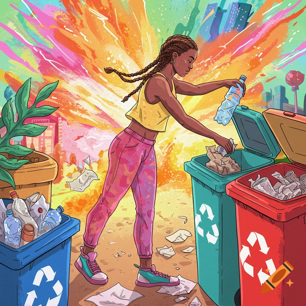 A woman with braided hair places a plastic bottle into a green recycling bin, with other bins and colorful art in the background.