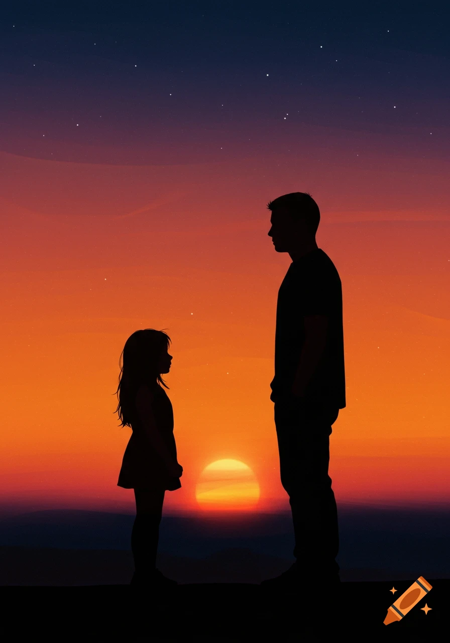 Minimalist illustration of a man and girl in silhouette facing each other against a vibrant orange and purple sunset with stars.
