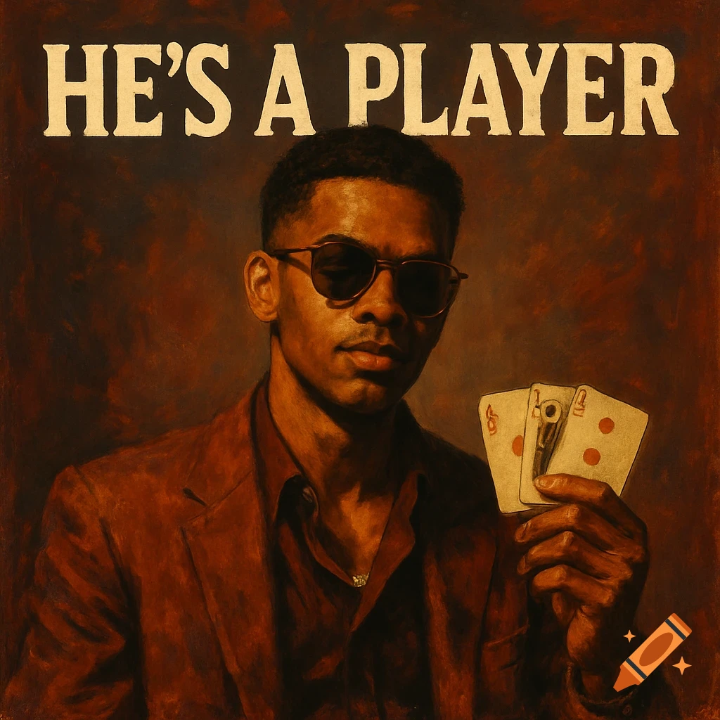 A man in a suit wearing sunglasses holds playing cards. Text above reads 'HE'S A PLAYER'. The image has a painting style.