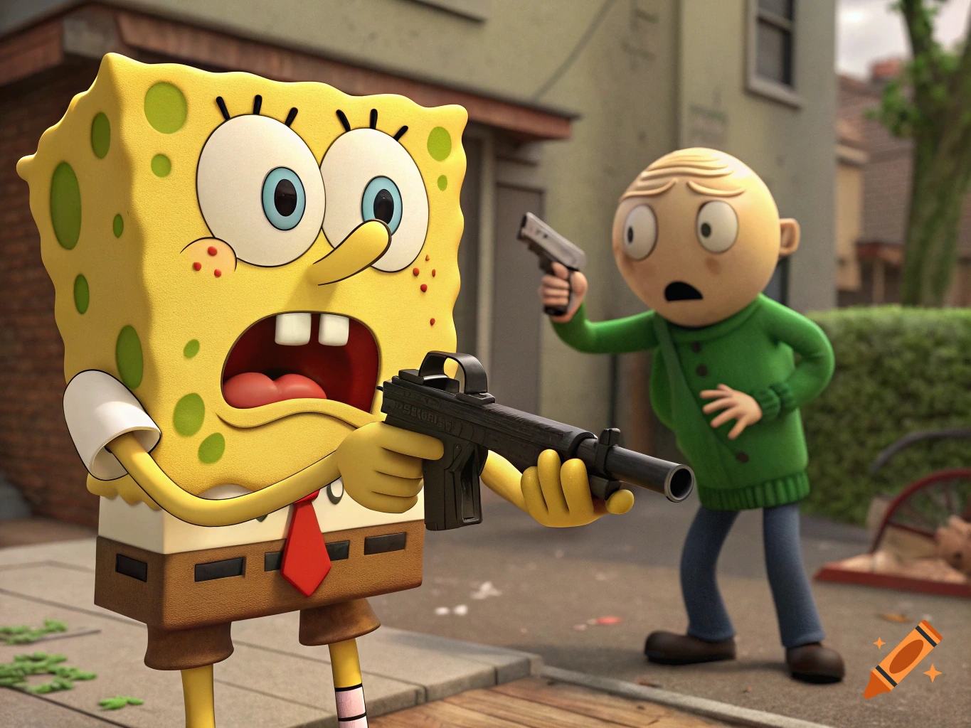 3D rendered image of Spongebob SquarePants holding a large gun while Baldi from Baldi's Basics holds a pistol and looks scared on a suburban street.