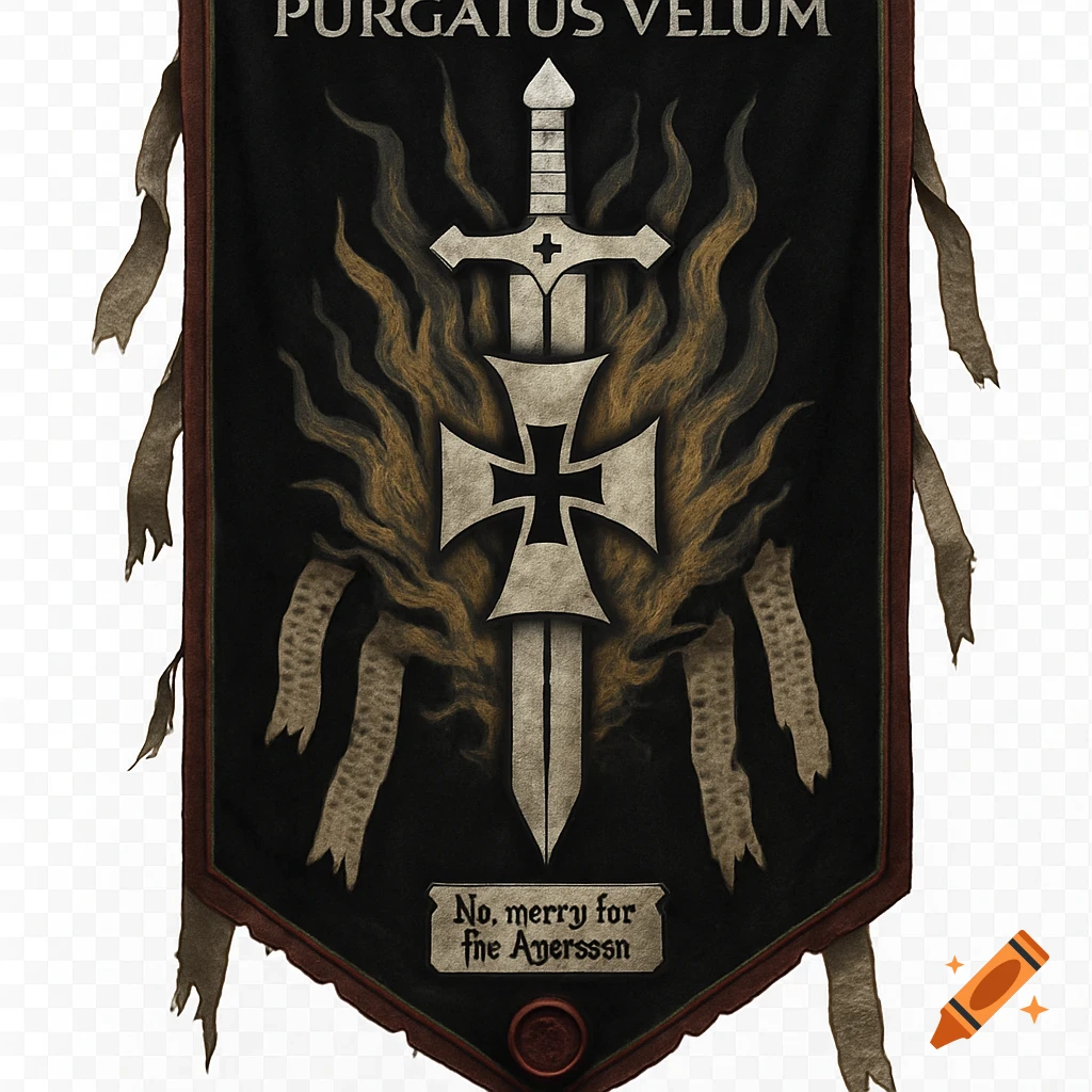 A black and crimson banner featuring a white sword with a Templar cross, stylized gold and ash-grey flames, and purity seals.