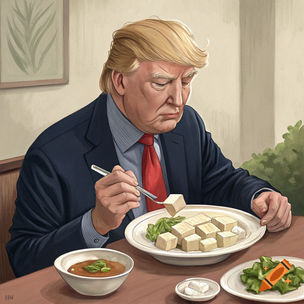 An illustration of Donald Trump eating tofu with chopsticks at a table with other dishes.