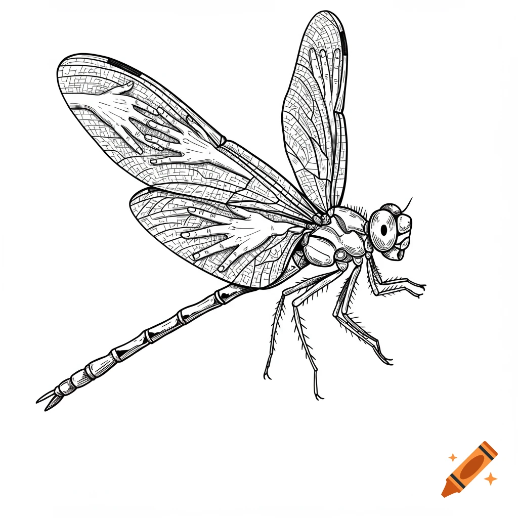 Line art drawing of a dragonfly with detailed wings that feature patterns resembling human hands.