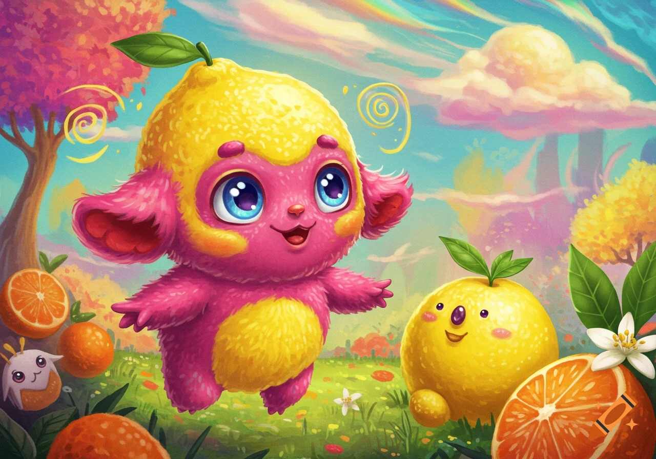 A whimsical cartoon of a pink furry creature with a lemon head in a colorful field with oranges and a round yellow fruit creature.