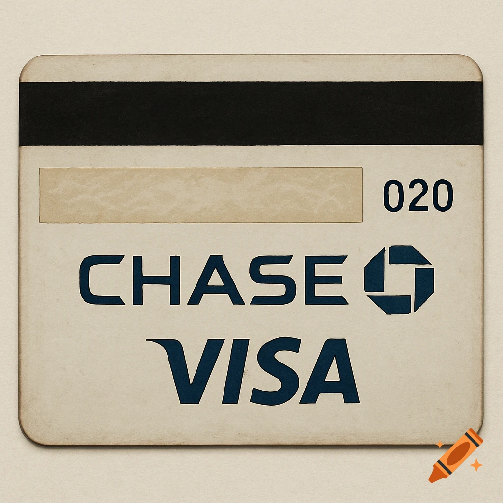 A light-colored credit card with a black magnetic strip, displaying 'CHASE', 'VISA', and the numbers '020'.