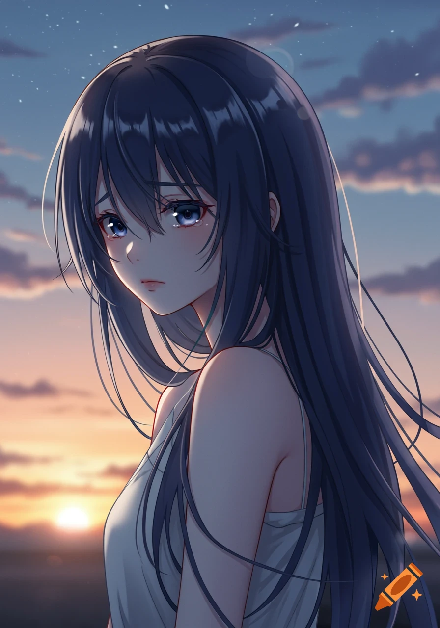 An anime girl with long dark hair and blue eyes, crying with a sad expression against a sunset sky.