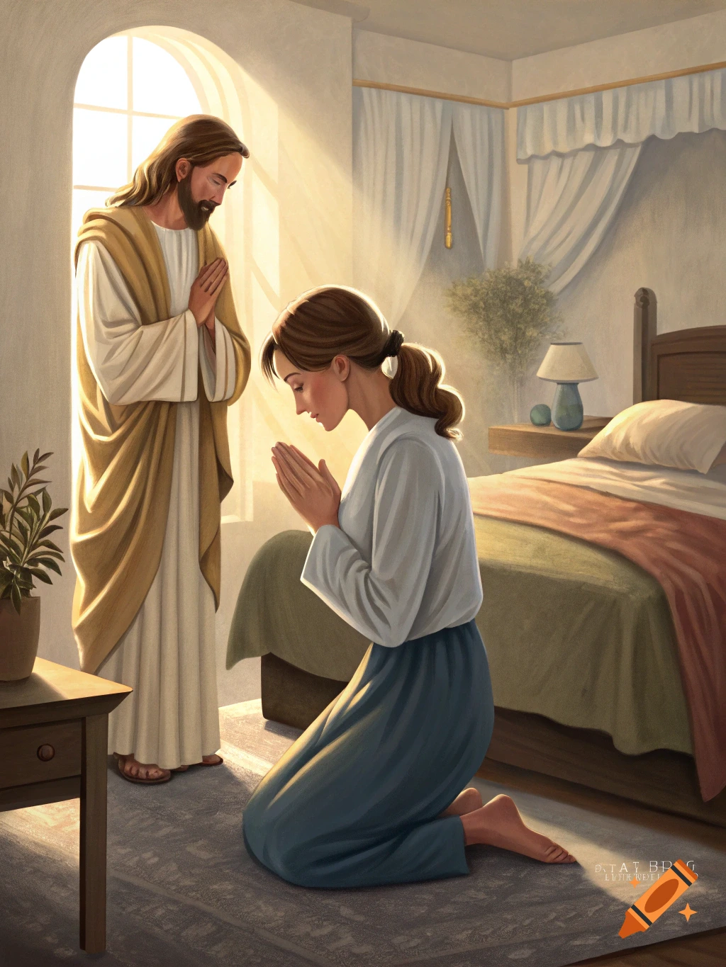 A woman kneels in prayer before Jesus, who stands over her in a sunlit bedroom, in a painterly style.