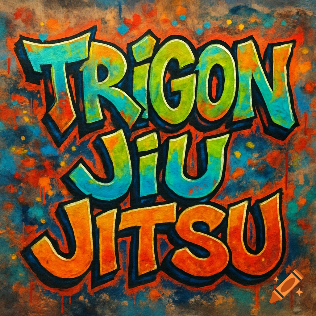 Colorful graffiti art spells out 'TRIGON JIU JITSU' in a bold, stylized font with a vibrant paint splatter background.