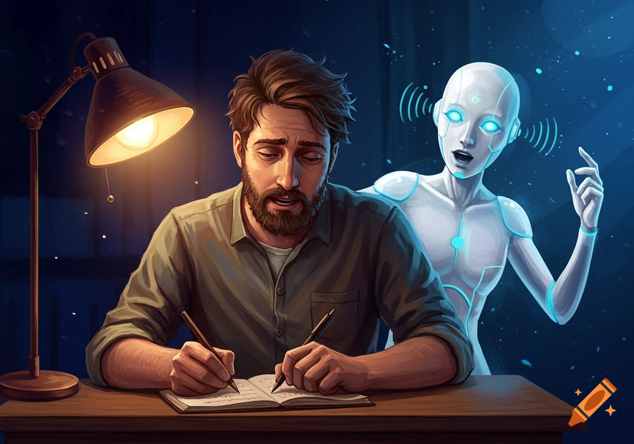 An illustrated man with a beard writes in a notebook under a lamp, while a glowing, translucent AI figure stands behind him.