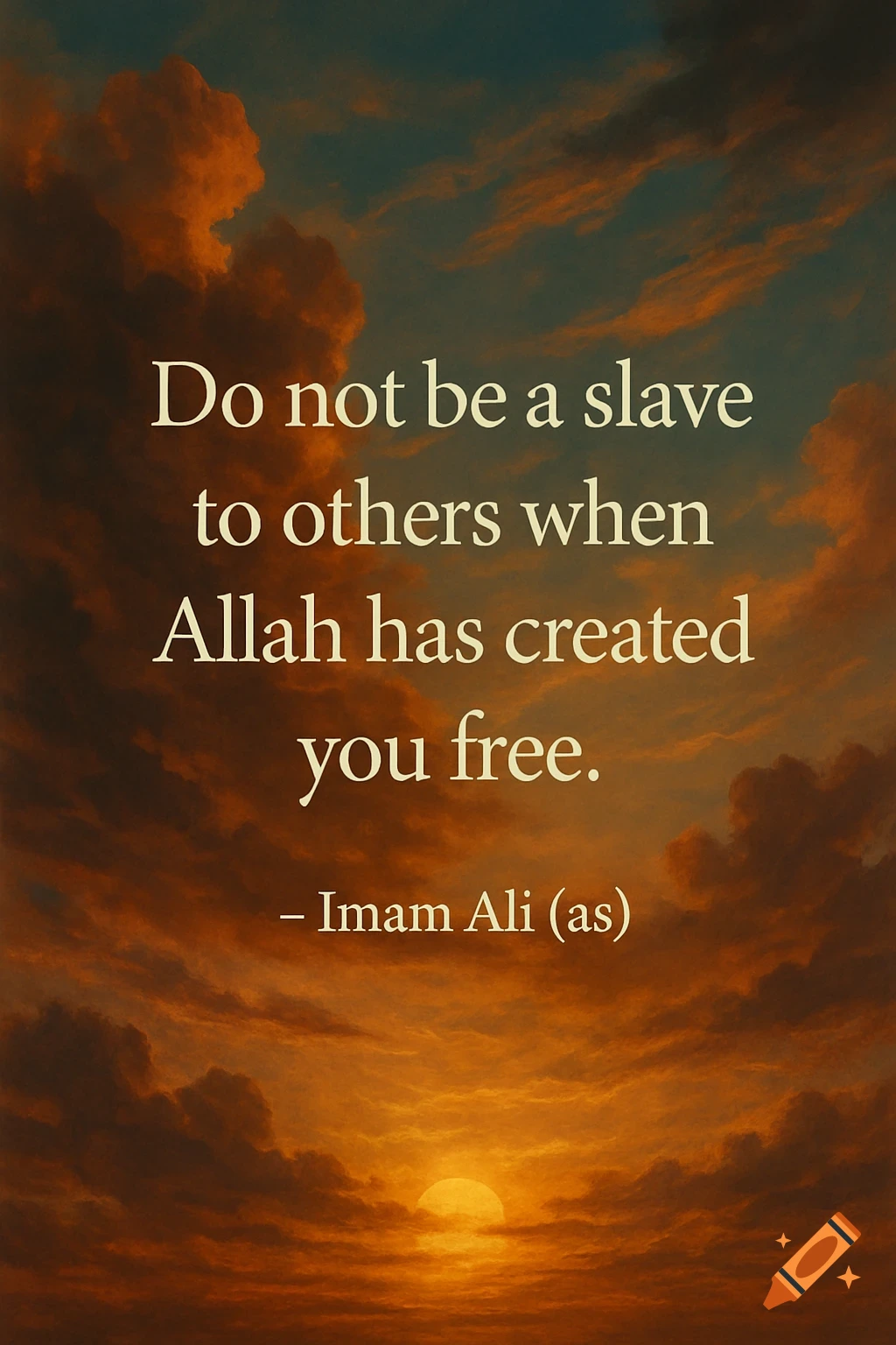 Inspirational quote attributed to Imam Ali set against a vibrant orange and blue sunset sky with clouds.